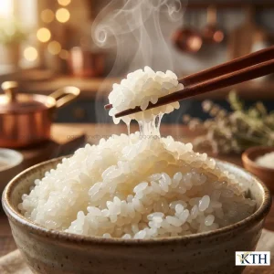 Cơm nấu từ gạo Hana Akita dẻo thơm bóng mượt, hạt cơm nguyên vẹn không bị nát, giữ vị ngọt đậm đà.