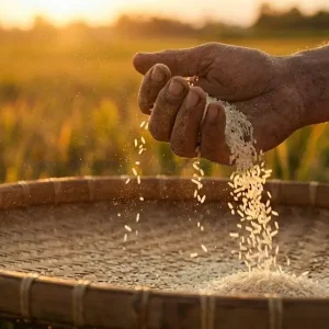 Bàn tay người nông dân đang nâng niu và lựa chọn những hạt gạo Thơm Mỹ chất lượng nhất, loại gạo chuyên dùng để làm cơm chiên Dương Châu ngon tuyệt.