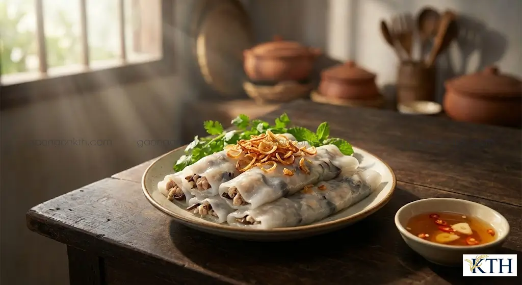 Đĩa bánh cuốn nóng tráng mỏng tang, trong veo làm từ gạo Khang Dân cũ, nhân thịt mộc nhĩ, rắc hành phi thơm ngon chuẩn vị truyền thống.