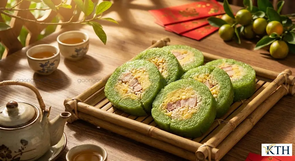 Bánh Tét miền Tây gói bằng nếp sáp ngỗng cho khoanh bánh dẻo rền xanh mướt và nhân đậu xanh thịt mỡ.