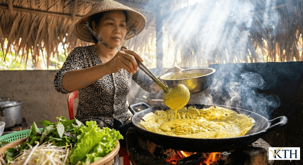 Đổ bánh xèo miền Tây giòn rụm trên chảo nóng bằng bột gạo Sa Mơ nở xốp