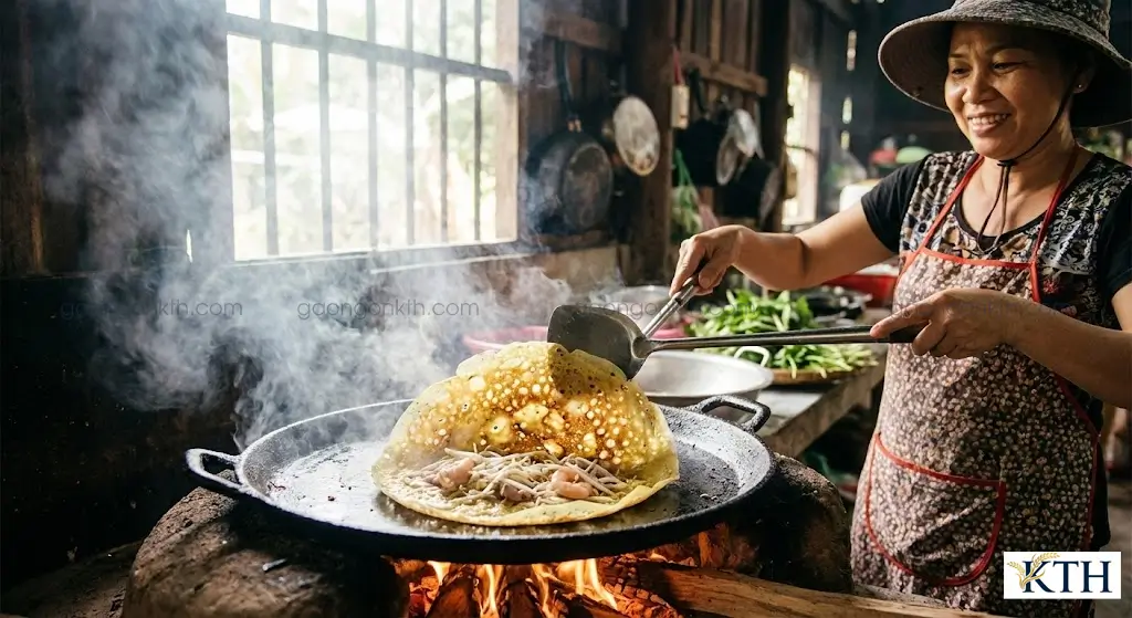 Chiếc bánh xèo miền Tây vàng ruộm, giòn tan được làm từ bột gạo Sari xốp nở đang chiên trên bếp củi.