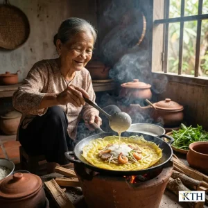 Bánh xèo miền Tây vàng giòn lâu được làm từ bột gạo Hàm Châu cũ xay bột.