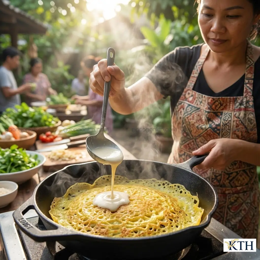 Bánh xèo miền Tây vàng ruộm giòn tan làm từ bột gạo một bụi cũ