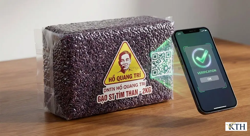 Bao bì gạo ST Tím Than chính hãng hút chân không 2kg của DNTN Hồ Quang Trí có tem chống hàng giả.