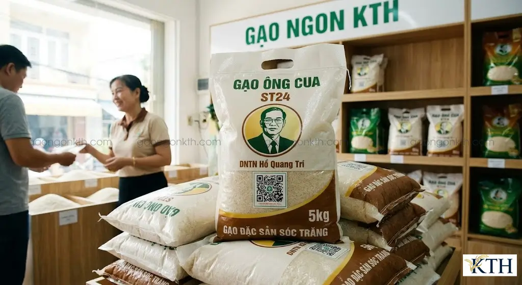 Bao bì gạo ST24 chính hãng 5kg có logo hình ông Hồ Quang Cua và tem QR code truy xuất nguồn gốc tại cửa hàng uy tín.