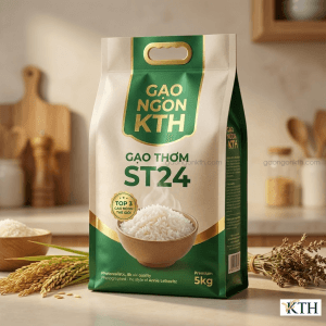 Bao bì 5kg gạo thơm ST24 thượng hạng mang thương hiệu Gạo Ngon KTH, vinh dự đạt Top 3 gạo ngon nhất thế giới, với hình ảnh chén cơm dẻo thơm minh họa.