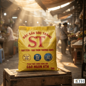 Bao bì truyền thống màu vàng của gạo ST24 đặc sản Sóc Trăng, được phân phối chính hãng bởi Gạo Ngon KTH, in rõ các giải thưởng Top 3 gạo ngon thế giới 2017 và giải nhất Việt Nam.