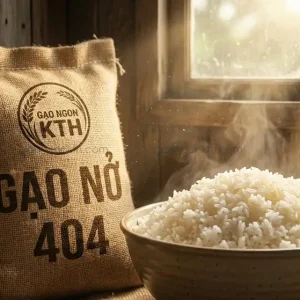 Bao gạo Gạo Nở 404 thương hiệu Gạo Ngon KTH 25kg đặt cạnh bát cơm trắng tơi xốp trong kho gạo, ánh sáng tự nhiên làm nổi bật sản phẩm.