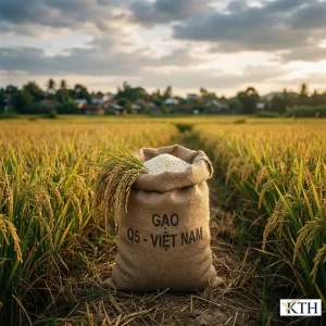 Bao gạo Q5 thương phẩm đặt giữa cánh đồng lúa chín vàng, thể hiện nguồn gốc xuất xứ và chất lượng gạo.