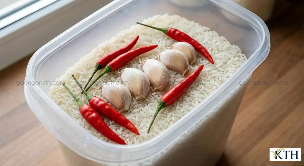 Mẹo bảo quản gạo tám thái khỏi mối mọt bằng tỏi và ớt.