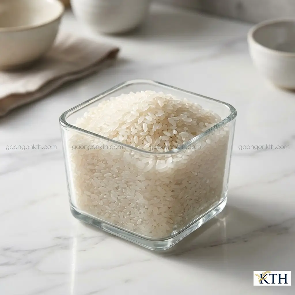 Gạo Sen Kro-Ob chứa nhiều tinh bột và Vitamin B1, được bảo quản trong hộp chứa gạo sạch sẽ.