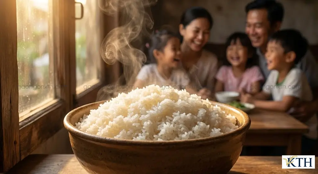 Bát cơm gạo bắc hương Nam Định dẻo thơm bốc khói nghi ngút trong bữa cơm gia đình Việt ấm cúng.