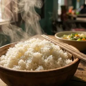 Bát cơm Gạo Nở 404 tơi xốp, đầy đặn, bốc khói nghi ngút trên bàn ăn gỗ mộc tại một quán cơm bình dân, bên cạnh bát canh rau.