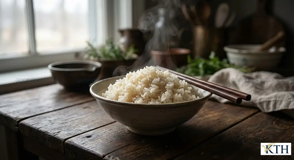 Bát cơm trắng nấu từ gạo Sen Kro-Ob chín tới, hạt cơm nở xốp, mềm dẻo, không bị nát và đang bốc hơi nóng nghi ngút trên bàn gỗ.