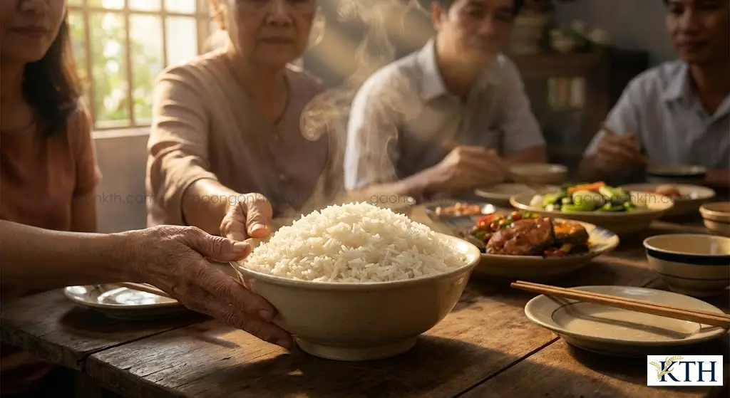 Cận cảnh bát cơm nấu từ gạo ST25 lúa tôm chính hãng với hạt cơm dẻo, nguyên hạt, bốc hơi nghi ngút trong bữa cơm gia đình Việt.