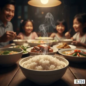 Bát cơm trắng nấu từ gạo ST5 dẻo vừa, thơm nhẹ trong bữa cơm gia đình Việt Nam ấm cúng.