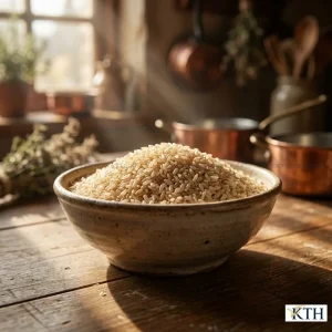 Bát gốm chứa đầy gạo lứt trắng hữu cơ thô dưới ánh sáng tự nhiên, thể hiện sự mộc mạc và an lành.