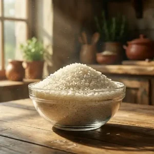 Bát gạo Ngon KTH đầy ắp trên bàn gỗ, ánh nắng tạo tia volumetric và bokeh nhà bếp ấm cúng.