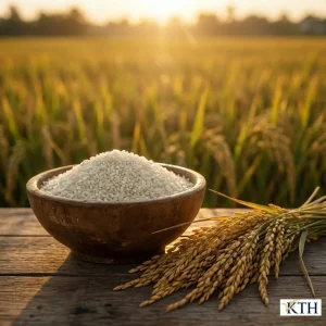 Bát gạo Q5 đầy ắp, bên cạnh là bông lúa chín vàng, đặt trên nền cánh đồng lúa vụ Đông Xuân, tượng trưng cho mùa màng bội thu.