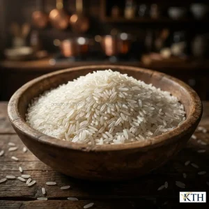 Bát gỗ đầy ắp gạo nếp thơm An Giang, hạt dài, trắng ngần, là nguyên liệu tuyệt vời để nấu xôi, làm bánh chưng dẻo ngon ngày Tết.