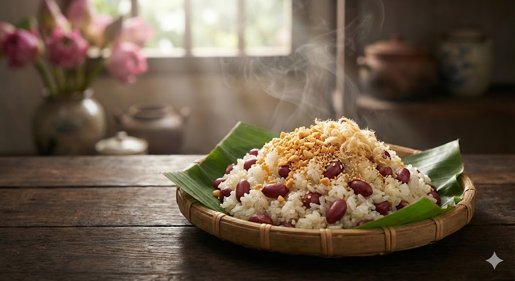 Bát xôi lạc nóng hổi gói lá chuối với gạo nếp cái hoa vàng và lạc đỏ, rắc muối vừng thơm ngon cho bữa sáng.