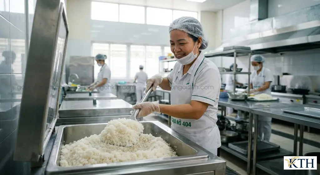Bếp trưởng bếp ăn công nghiệp tại Việt Nam đang xới cơm Gạo Nở 404 chín tới tơi xốp từ tủ nấu cơm cỡ lớn để chia suất ăn giá rẻ.