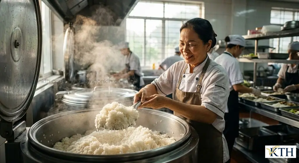 Đầu bếp Việt Nam đang xới cơm gạo 5451 dẻo mềm trong bếp ăn công nghiệp suất ăn lớn.