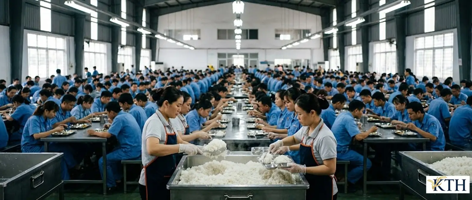 Toàn cảnh một bếp ăn tập thể tại khu công nghiệp Việt Nam đang phục vụ hàng ngàn suất cơm trưa cho công nhân sử dụng gạo công nghiệp giá sỉ.