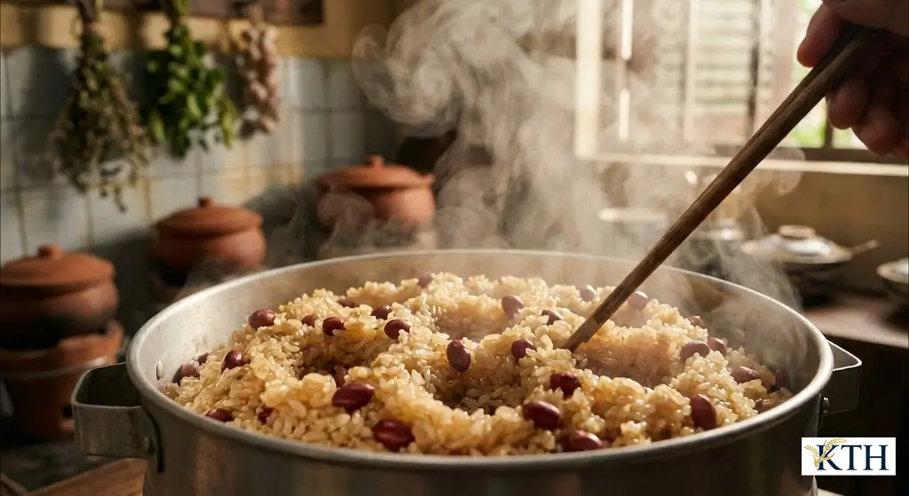 Kỹ thuật đồ xôi lạc bằng xửng hấp tạo giếng giúp hơi nước đối lưu, hạt xôi chín đều.