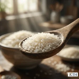 Bố cục dàn trải đẹp mắt với gạo Nàng Hương Chợ Đào trong chén gỗ, muỗng, bông lúa lúa mùa và gạo vương trên nền đen, thể hiện sự phong phú của đặc sản Cần Đước.