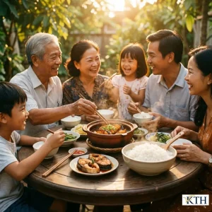 Bữa cơm gia đình Việt ấm cúng với gạo Hana Akita ăn kèm cá kho tộ, cơm dẻo ngon cho cả người già và trẻ em