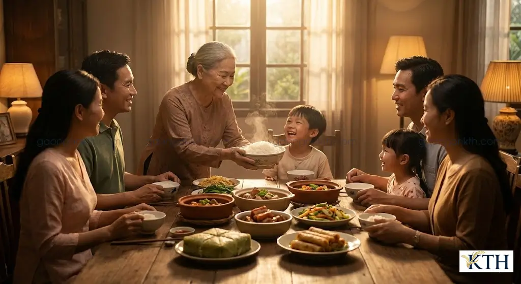Gia đình Việt Nam quây quần bên mâm cơm với bát gạo ngon dẻo thơm, nóng hổi.