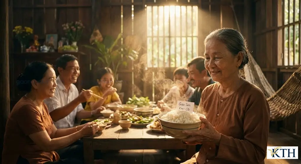 Một gia đình Việt Nam ba thế hệ đang quây quần vui vẻ bên mâm cơm tối với bát cơm trắng Gạo Sen Kro-Ob dẻo thơm, nóng hổi làm trung tâm.