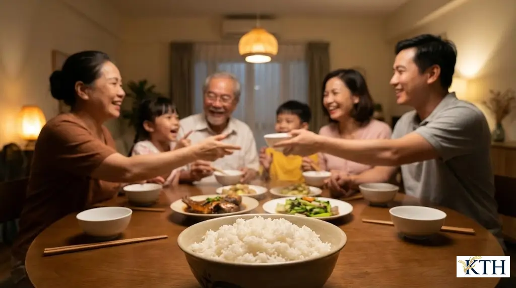 Nồi cơm điện nấu gạo thơm thái lan chín tới hạt cơm nở đều trắng ngần và bốc khói nghi ngút.