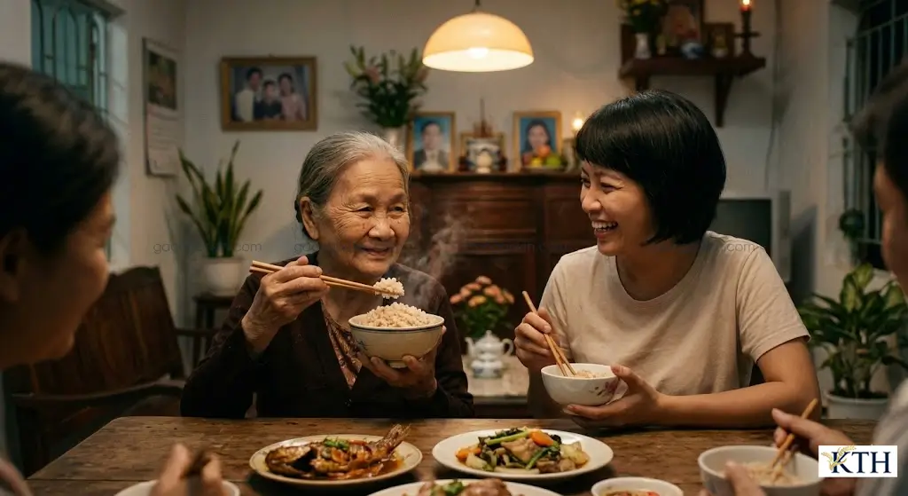 Bữa cơm gia đình với gạo lứt trắng Nàng Hoa, thực phẩm tốt cho người già tiểu đường và người ăn kiêng.