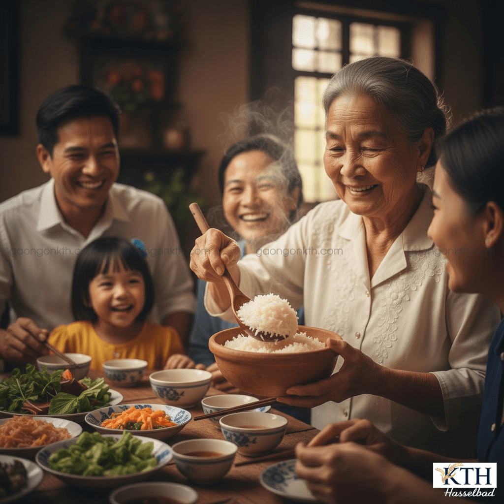 Bữa cơm gia đình ấm cúng với nồi cơm trắng nấu từ gạo Sơ Ri nở mềm xốp dành cho người thích ăn cơm khô.