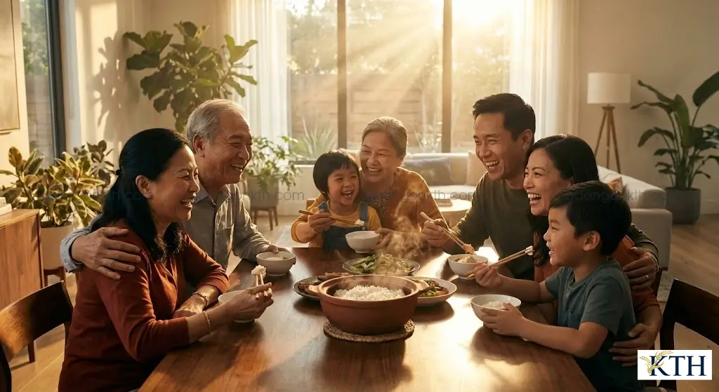 Bữa cơm gia đình Việt ấm cúng với gạo ngon ST21, cung cấp dinh dưỡng và năng lượng lành mạnh cho cả nhà.