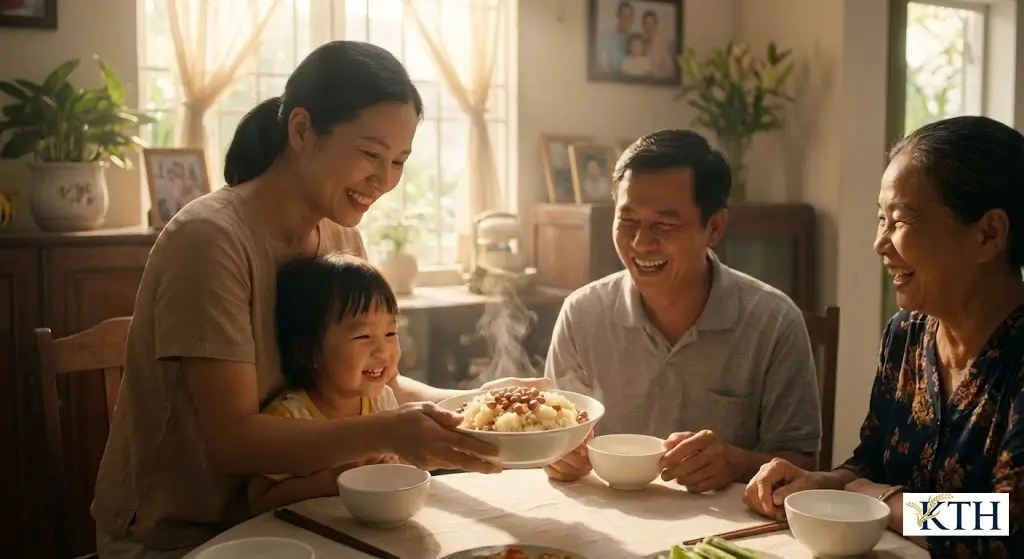 Bữa sáng gia đình ấm cúng với món xôi lạc nấu tại nhà thơm ngon bổ dưỡng.