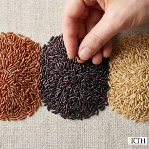 Phân biệt gạo lứt đỏ organic, gạo lứt đen và gạo lứt vàng nguyên cám qua màu sắc thực tế.