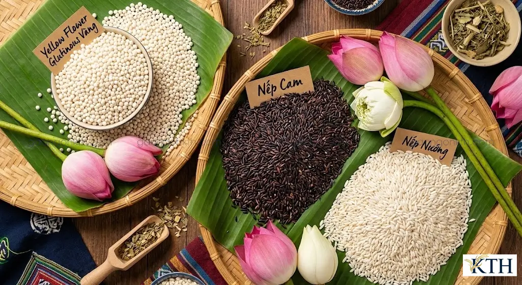 Các loại gạo nếp đặc sản Việt Nam: Nếp Cái Hoa Vàng, Nếp Nương Điện Biên và Nếp Cẩm trên mẹt tre truyền thống.