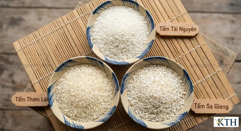 Ba loại gạo tấm phổ biến nhất hiện nay: Tấm Tài Nguyên (cho cơm tấm), Tấm Thơm Lài (nấu cháo) và Tấm Sa Giang.