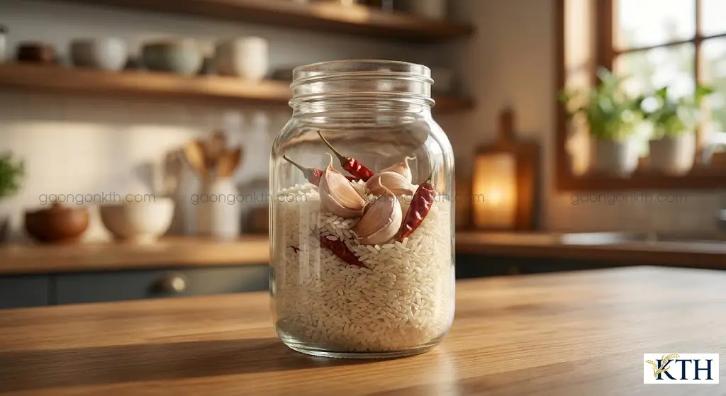 Mẹo bảo quản gạo trắng hạt dài bằng tỏi và ớt khô trong hũ thủy tinh kín để chống mọt tự nhiên.