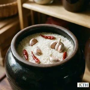 Mẹo bảo quản gạo Jasmine tự nhiên bằng cách cho tỏi và ớt khô vào chum sành để chống mối mọt.
