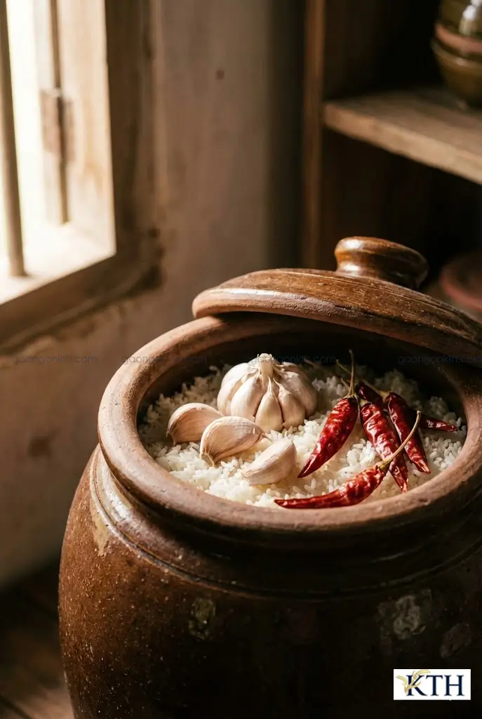 Mẹo bảo quản gạo nếp cái hoa vàng không bị mọt bằng tỏi và ớt khô trong chum sành truyền thống.