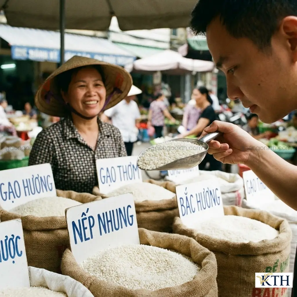 Người tiêu dùng đang kiểm tra chất lượng gạo nếp nhung bằng cách ngửi mùi thơm tự nhiên tại đại lý gạo uy tín.