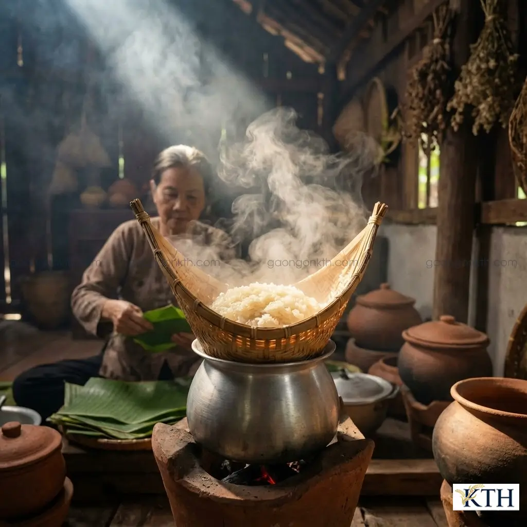 Cách đồ xôi nếp Lào bằng chõ gỗ Huat và nồi nhôm Moryeng truyền thống chín hơi.