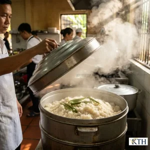 Kỹ thuật hấp thủy nhiệt gạo tấm Tài Nguyên với lá dứa trong xửng hấp để cơm nở bông tơi xốp.