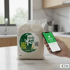 Bao bì gạo tấm ST25 Ông Cua chính hãng với logo hình ảnh kỹ sư Hồ Quang Cua và tem QR Code chống hàng giả.