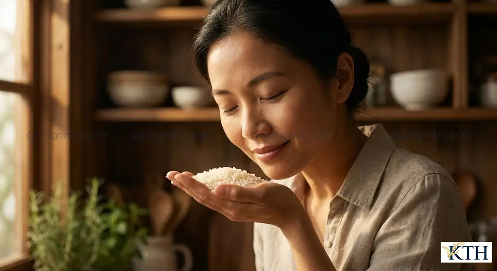 Cách kiểm tra mùi thơm lá dứa tự nhiên của gạo tám thái thật.